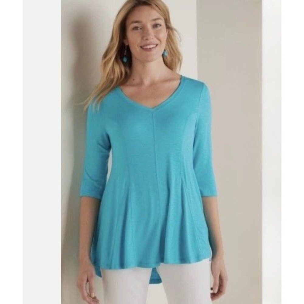Soft Surroundings SMALL Petite Amelia A-Line Tunic Teal Blue VNeck Stretch Swing